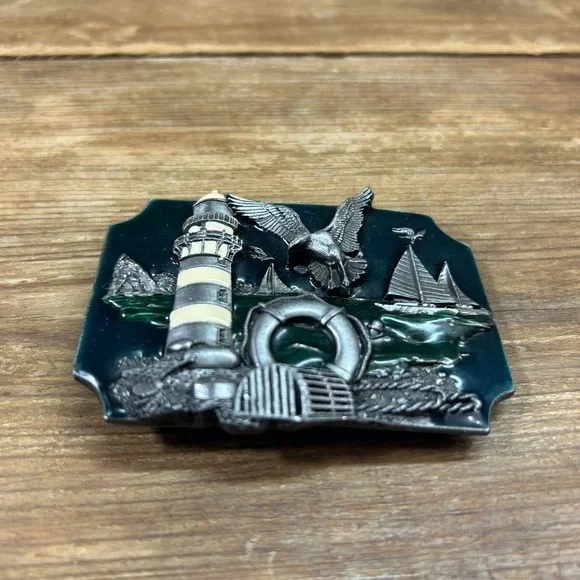 Vintage 1989 Siskiyou Buckle Co Inc Green Enamel and Pewter Nautical Belt Buckle - Picture 6 of 9